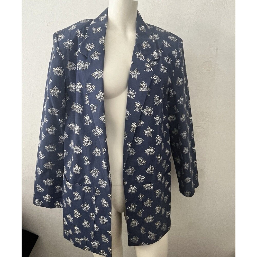 White Stag Floral Blazer Jacket M Blue Office Casual Sophisticated Party Cotton